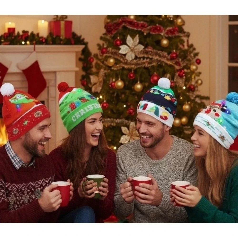 Gorro De Punto Navideño Con Luces LED Unisex 3 Modos De Iluminación Paquete De 4